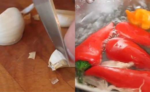 Blanch the Hot Peppers and Garlic